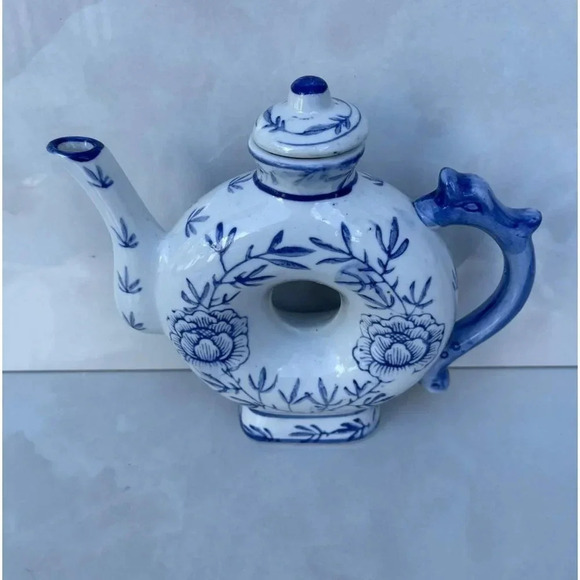 Vintage Collection Doughnut Shape Floral Print Chinese Porcelain Teapot Blue Whi - Picture 4 of 8